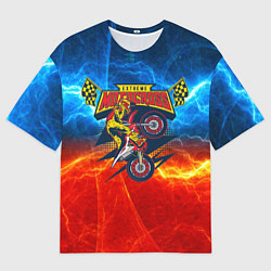 Футболка оверсайз мужская Extreme motocross: мотоциклист на фоне огня, цвет: 3D-принт