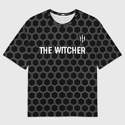 Мужская футболка оверсайз The Witcher glitch на темном фоне: символ сверху