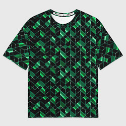 Футболка оверсайз мужская Геометрический узор, зеленые фигуры на черном, цвет: 3D-принт