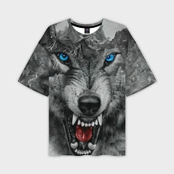 Футболка оверсайз мужская Агрессивный волк с синими глазами, цвет: 3D-принт