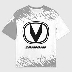Мужская футболка оверсайз Changan speed на светлом фоне со следами шин