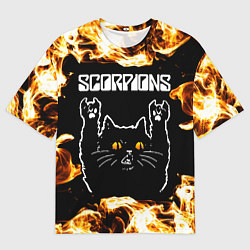 Футболка оверсайз мужская Scorpions рок кот и огонь, цвет: 3D-принт