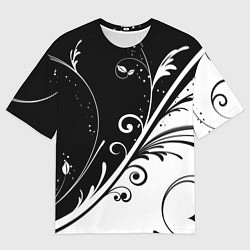 Мужская футболка оверсайз Симметричные чёрно белые цветы Symmetrical black a