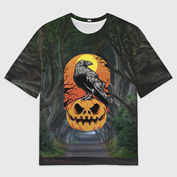 Футболка оверсайз мужская Ворон, сидящий на тыкве - Halloween, цвет: 3D-принт