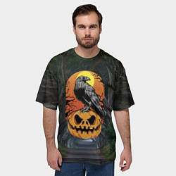 Футболка оверсайз мужская Ворон, сидящий на тыкве - Halloween, цвет: 3D-принт — фото 2