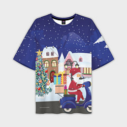 Мужская футболка оверсайз Дед Мороз едет на скутере с подарками в Новогоднюю