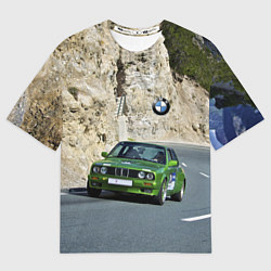 Футболка оверсайз мужская Зелёная бэха на горной дороге, цвет: 3D-принт