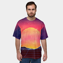 Футболка оверсайз мужская Абстрактные 3D неоновые горы на закате, цвет: 3D-принт — фото 2