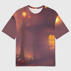 Футболка оверсайз мужская Викторианский дом и старые фонари с тыквами в пурп, цвет: 3D-принт