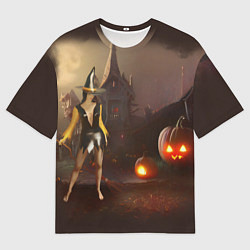 Футболка оверсайз мужская Ведьма с метлой и тремя тыквами возле старого дома, цвет: 3D-принт
