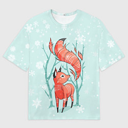 Мужская футболка оверсайз Лисица в снежном лесу