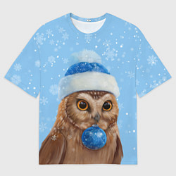 Футболка оверсайз мужская Новогодняя сова в шапке, цвет: 3D-принт