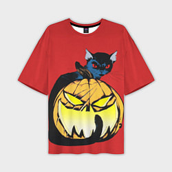 Мужская футболка оверсайз Halloween - тыква и кот