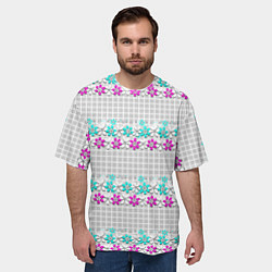 Футболка оверсайз мужская Цветочный узор бирюзово-розовый на сером клетчатом, цвет: 3D-принт — фото 2