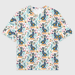 Футболка оверсайз мужская Новогодний паттерн - Кролики и веточки, цвет: 3D-принт