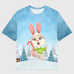 Мужская футболка оверсайз Новогодний зайка с леденцом