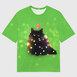 Мужская футболка оверсайз Котик в гирлянде