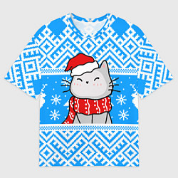 Футболка оверсайз мужская Котик в новогодней шапочке, цвет: 3D-принт