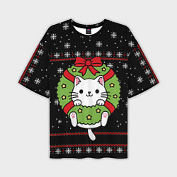 Мужская футболка оверсайз Рождественский венок с котиком