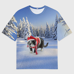 Футболка оверсайз мужская Ряженый котик в зимнем лесу, цвет: 3D-принт
