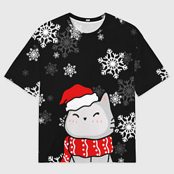 Мужская футболка оверсайз Котик в новогодней шапочке - снежинки