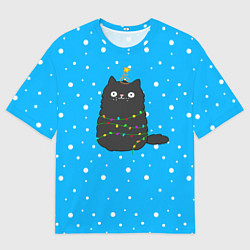 Мужская футболка оверсайз Котоёлочка - на фоне снегопада