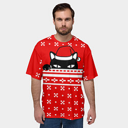 Футболка оверсайз мужская Выглядывающий котик - красный свитер, цвет: 3D-принт — фото 2