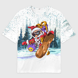 Футболка оверсайз мужская Санта на сноуборде в лесу, цвет: 3D-принт