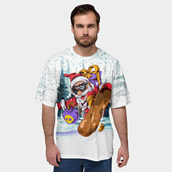 Футболка оверсайз мужская Санта на сноуборде в лесу, цвет: 3D-принт — фото 2