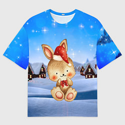 Футболка оверсайз мужская Зайчик в новогоднем колпаке, цвет: 3D-принт