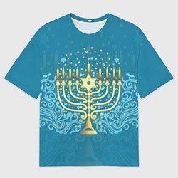Мужская футболка оверсайз Золотая менора с синим цветочным орнаментом