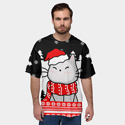 Футболка оверсайз мужская Новогодний свитер с котиком, цвет: 3D-принт — фото 2