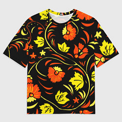 Мужская футболка оверсайз Хохлома черный фон