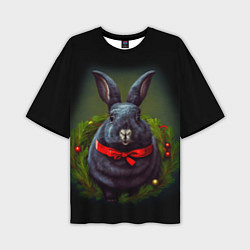 Мужская футболка оверсайз Черный водяной кролик с ленточкой