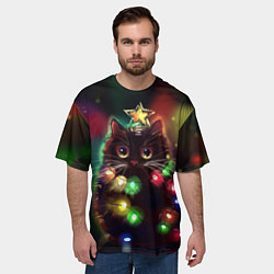 Футболка оверсайз мужская Новогодний котик с гирляндой, цвет: 3D-принт — фото 2