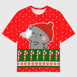 Футболка оверсайз мужская Серый котик - играет в снежки, цвет: 3D-принт