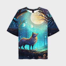 Мужская футболка оверсайз Волк в ночном лесу в folk art стиле