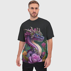 Футболка оверсайз мужская Неоновый дракон с цветами, цвет: 3D-принт — фото 2