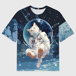 Мужская футболка оверсайз Белый кот космонавт в невесомости