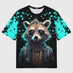 Футболка оверсайз мужская Енот в стиле киберпанк, цвет: 3D-принт