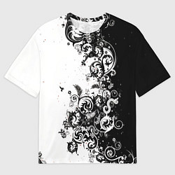 Футболка оверсайз мужская Черно-белая птица среди узорчатых цветов, цвет: 3D-принт