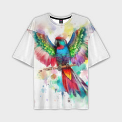 Мужская футболка оверсайз Разноцветный акварельный попугай с расправленными