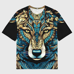 Футболка оверсайз мужская Волк в бирюзовом орнаменте, цвет: 3D-принт