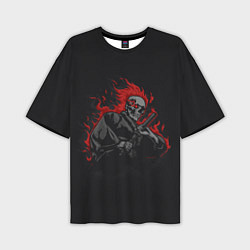 Мужская футболка оверсайз Огненный скелет самурай