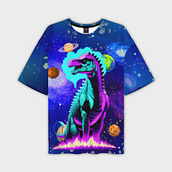 Мужская футболка оверсайз Динозавр в космосе - неоновое свечение