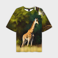 Мужская футболка оверсайз Жираф на фоне деревьев