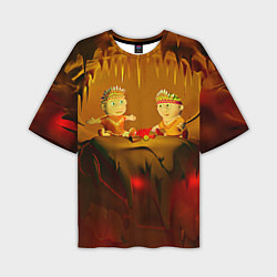 Мужская футболка оверсайз Два индейца у костра в пещере