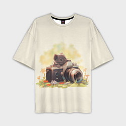 Мужская футболка оверсайз Серый котенок с фотоаппаратом