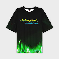Мужская футболка оверсайз Cyberpunk 2077 phantom liberty green fire logo