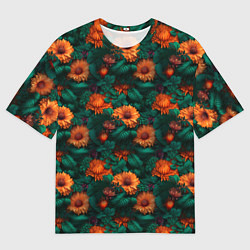 Футболка оверсайз мужская Оранжевые цветы и зеленые листья, цвет: 3D-принт